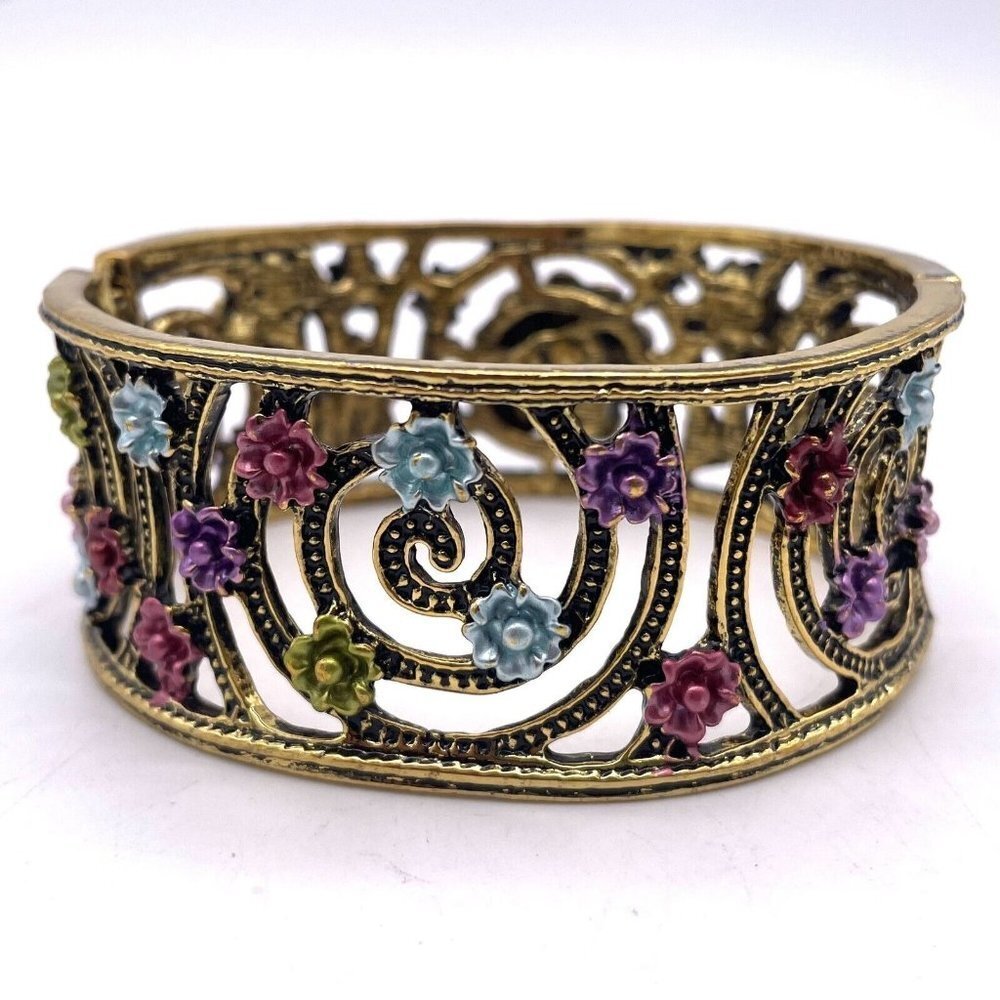 OPC CN  Elaborate Enameled Flower Rhinestone Clamper Bracelet Gold Tone Hinged